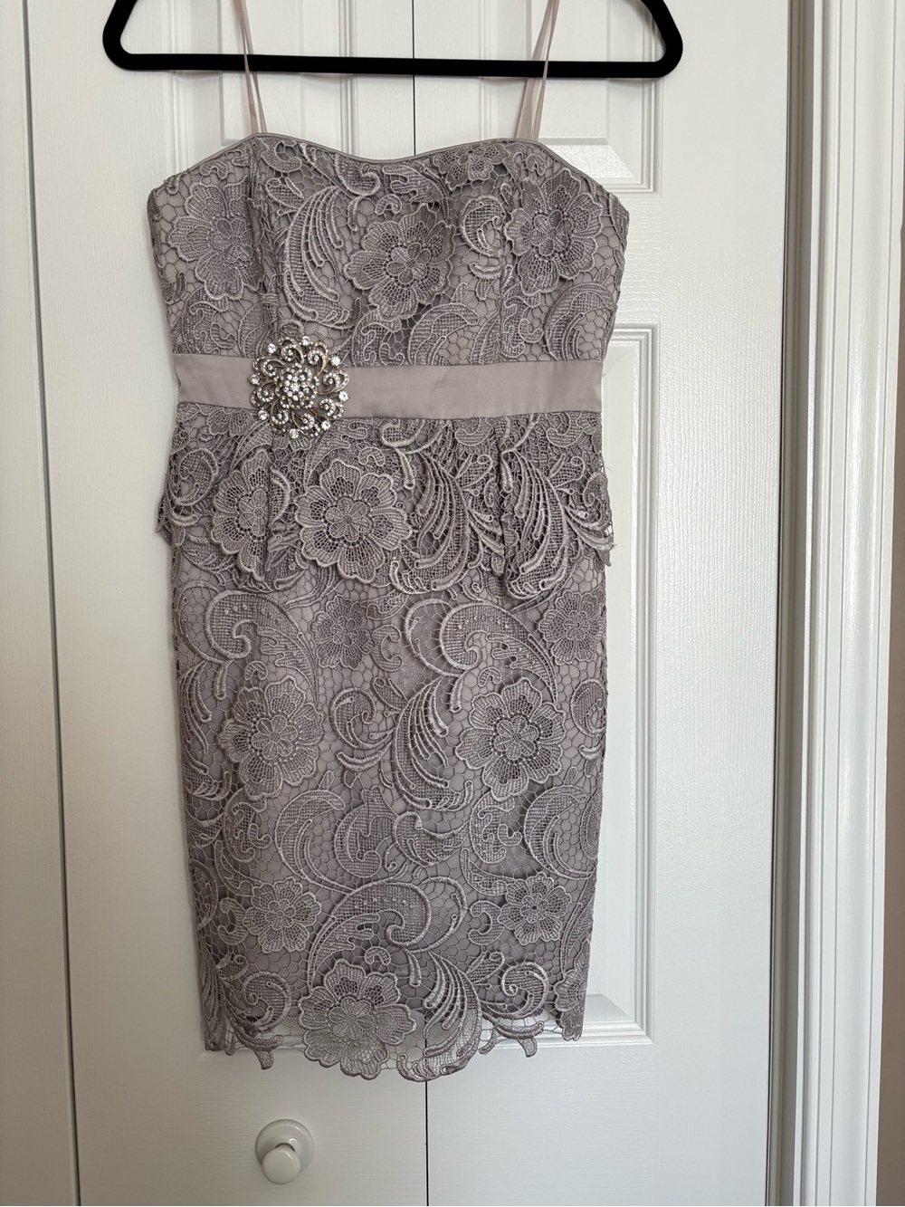Adrianna Papell Strapless Lace Peplum Dress in Taupe